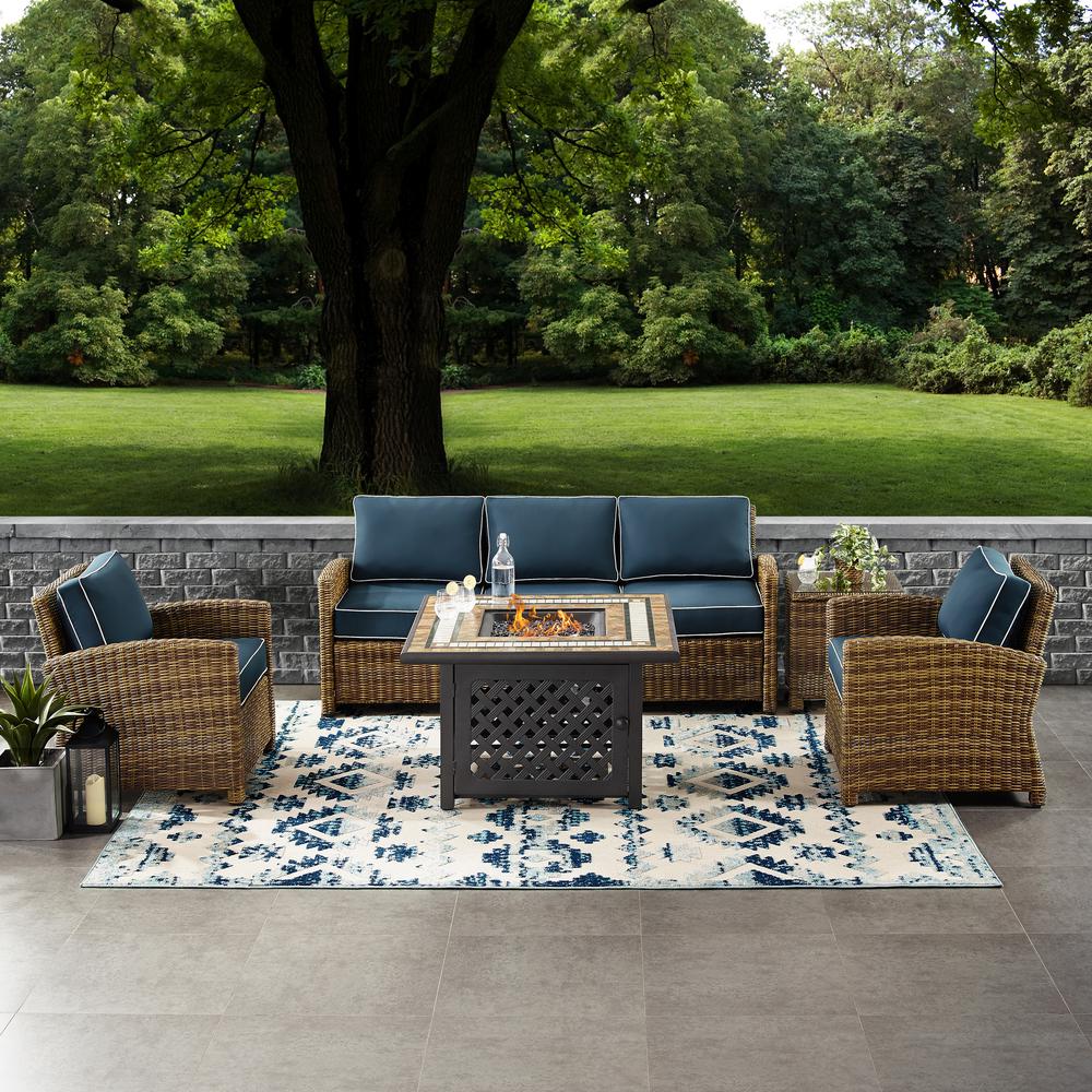 Bradenton 5Pc Outdoor Wicker Sofa Set W/Fire Table Weathered Brown/Navy - Sofa, Side Table, Tucson Fire Table, & 2 Armchairs. Picture 1