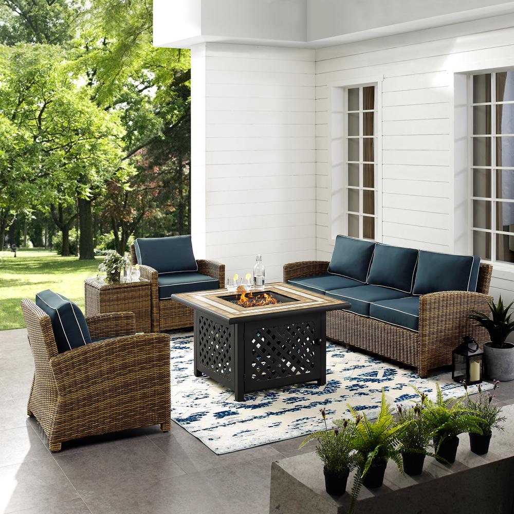 Bradenton 5Pc Outdoor Wicker Conversation Set W/Fire Table Weathered Brown/Navy - Sofa, 2 Arm Chairs, Side Table, Fire Table. Picture 3