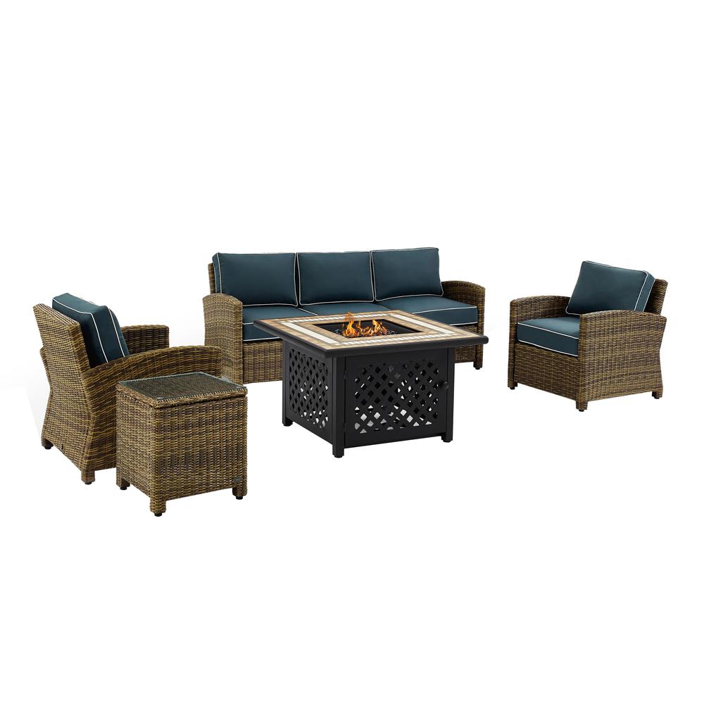 Bradenton 5Pc Outdoor Wicker Conversation Set W/Fire Table Weathered Brown/Navy - Sofa, 2 Arm Chairs, Side Table, Fire Table. Picture 4