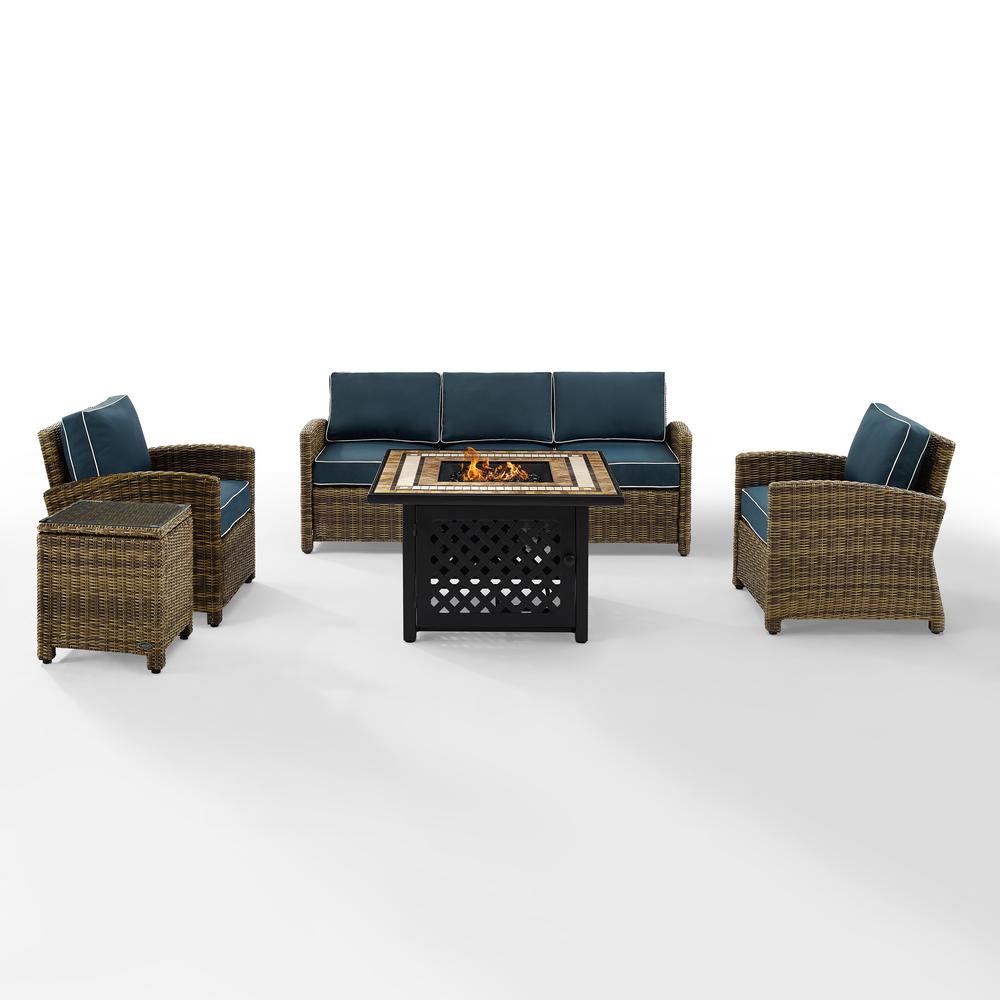 Bradenton 5Pc Outdoor Wicker Conversation Set W/Fire Table Weathered Brown/Navy - Sofa, 2 Arm Chairs, Side Table, Fire Table. Picture 7