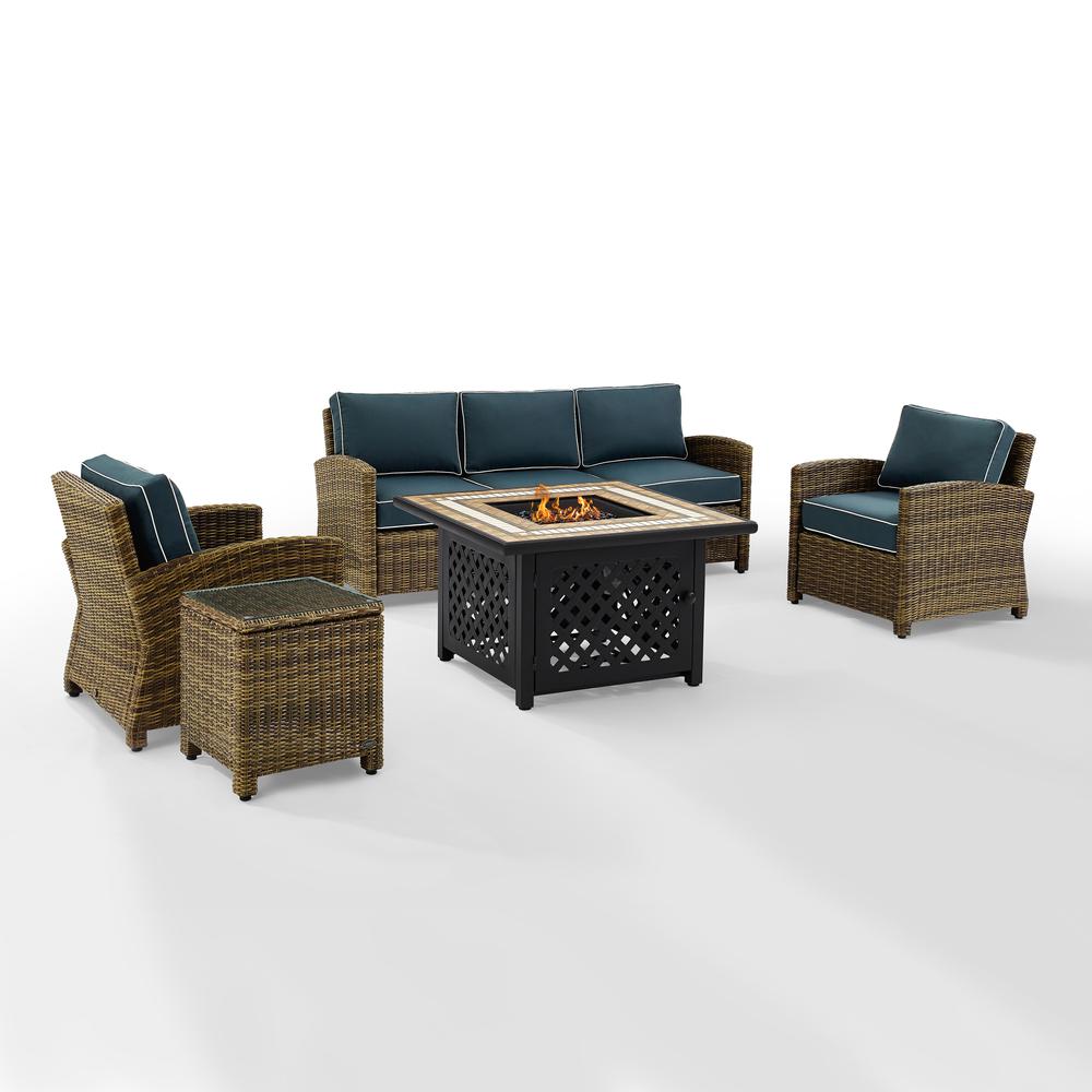 Bradenton 5Pc Outdoor Wicker Conversation Set W/Fire Table Weathered Brown/Navy - Sofa, 2 Arm Chairs, Side Table, Fire Table. Picture 8