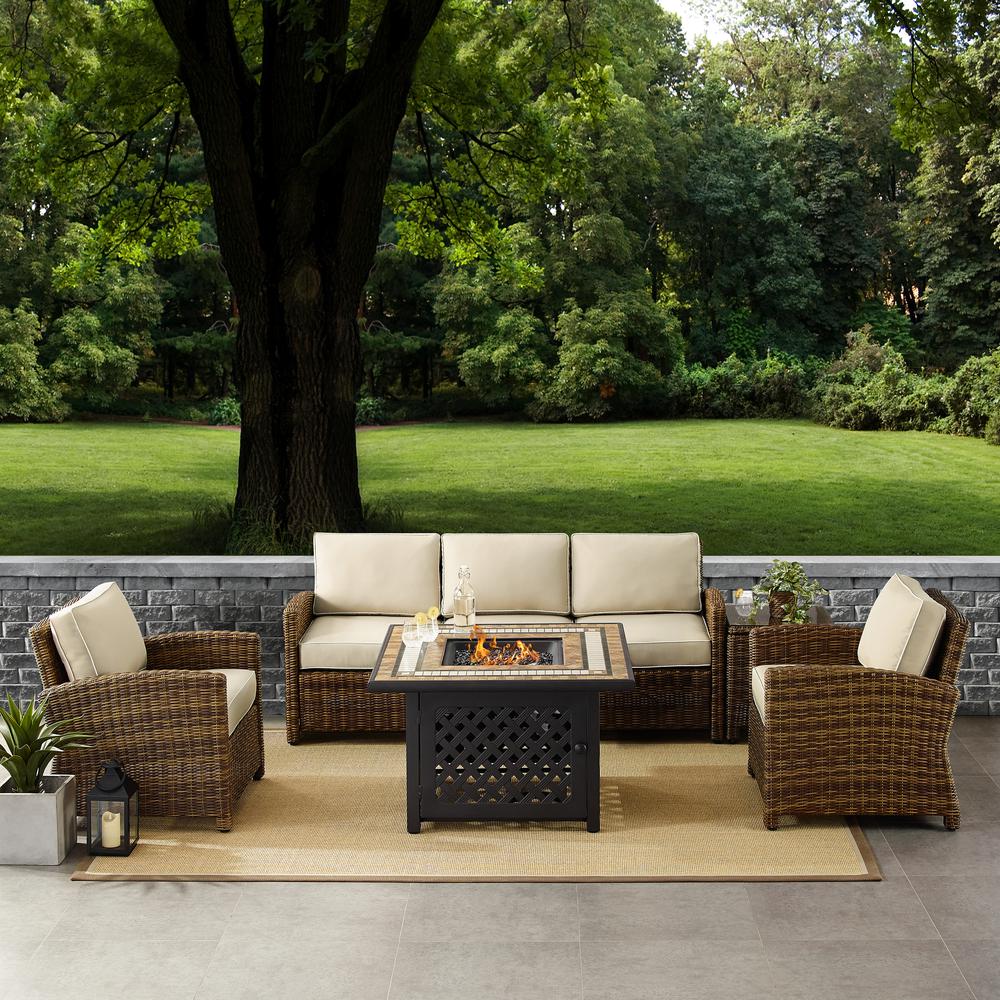 Bradenton 5Pc Outdoor Wicker Conversation Set W/Fire Table Weathered Brown/Sand - Sofa, 2 Arm Chairs, Side Table, Fire Table. Picture 1