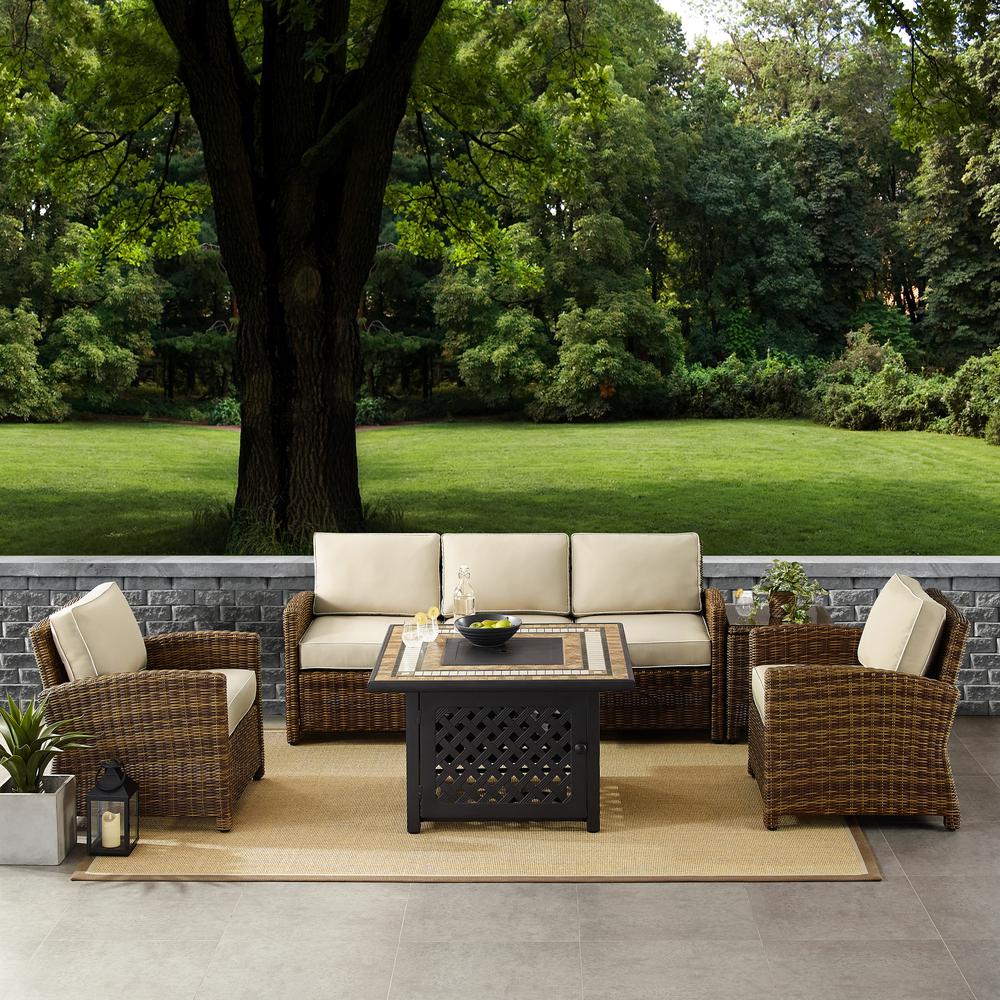 Bradenton 5Pc Outdoor Wicker Conversation Set W/Fire Table Weathered Brown/Sand - Sofa, 2 Arm Chairs, Side Table, Fire Table. Picture 2