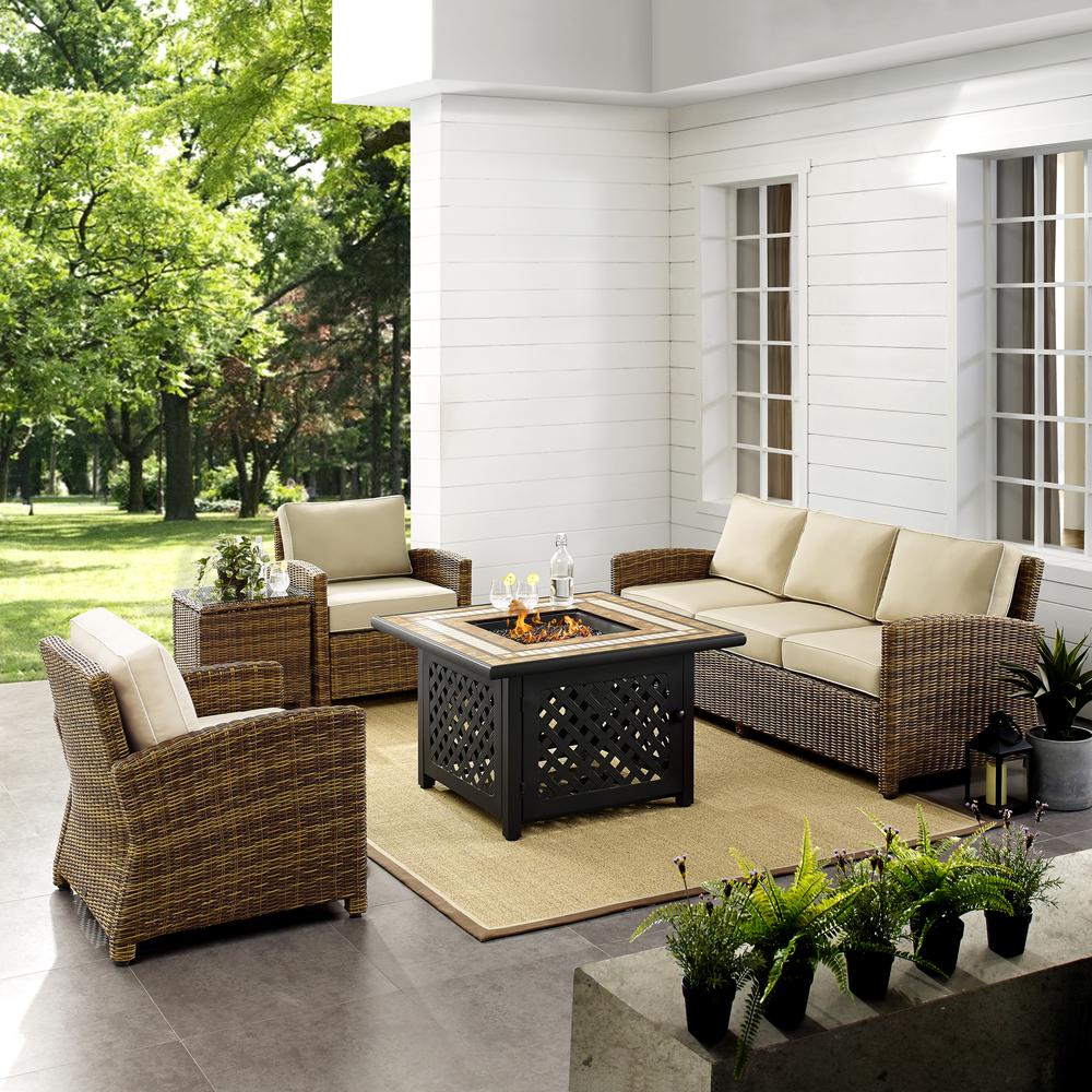 Bradenton 5Pc Outdoor Wicker Conversation Set W/Fire Table Weathered Brown/Sand - Sofa, 2 Arm Chairs, Side Table, Fire Table. Picture 3