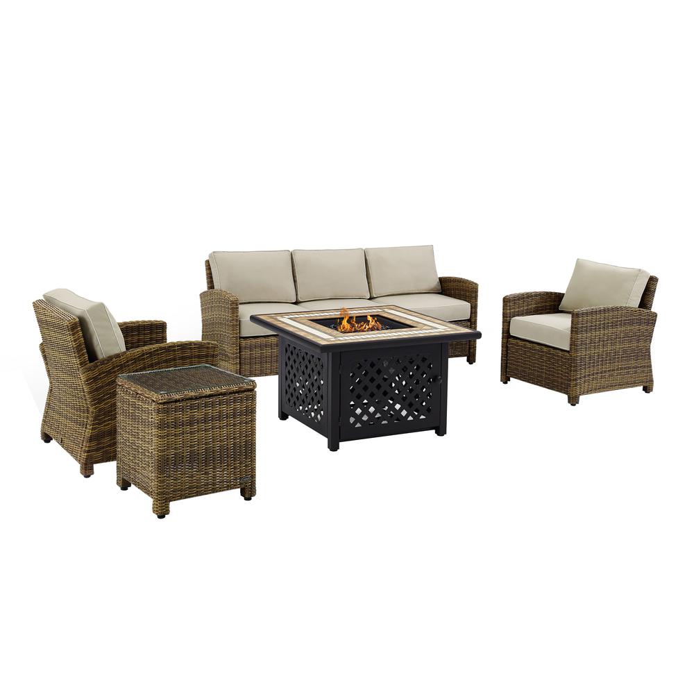 Bradenton 5Pc Outdoor Wicker Sofa Set W/Fire Table Weathered Brown/Sand - Sofa, Side Table, Tucson Fire Table, & 2 Armchairs. Picture 4