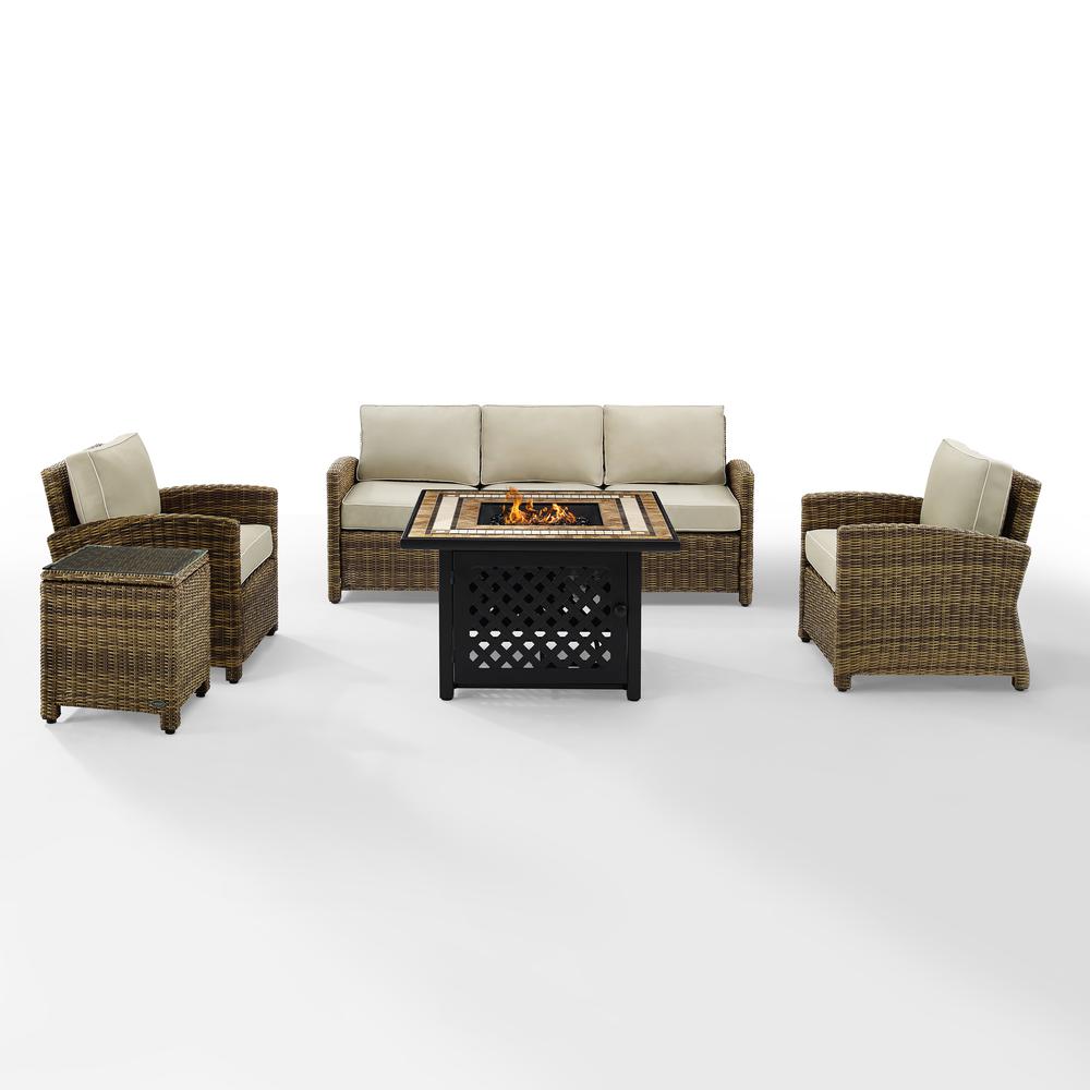 Bradenton 5Pc Outdoor Wicker Sofa Set W/Fire Table Weathered Brown/Sand - Sofa, Side Table, Tucson Fire Table, & 2 Armchairs. Picture 7
