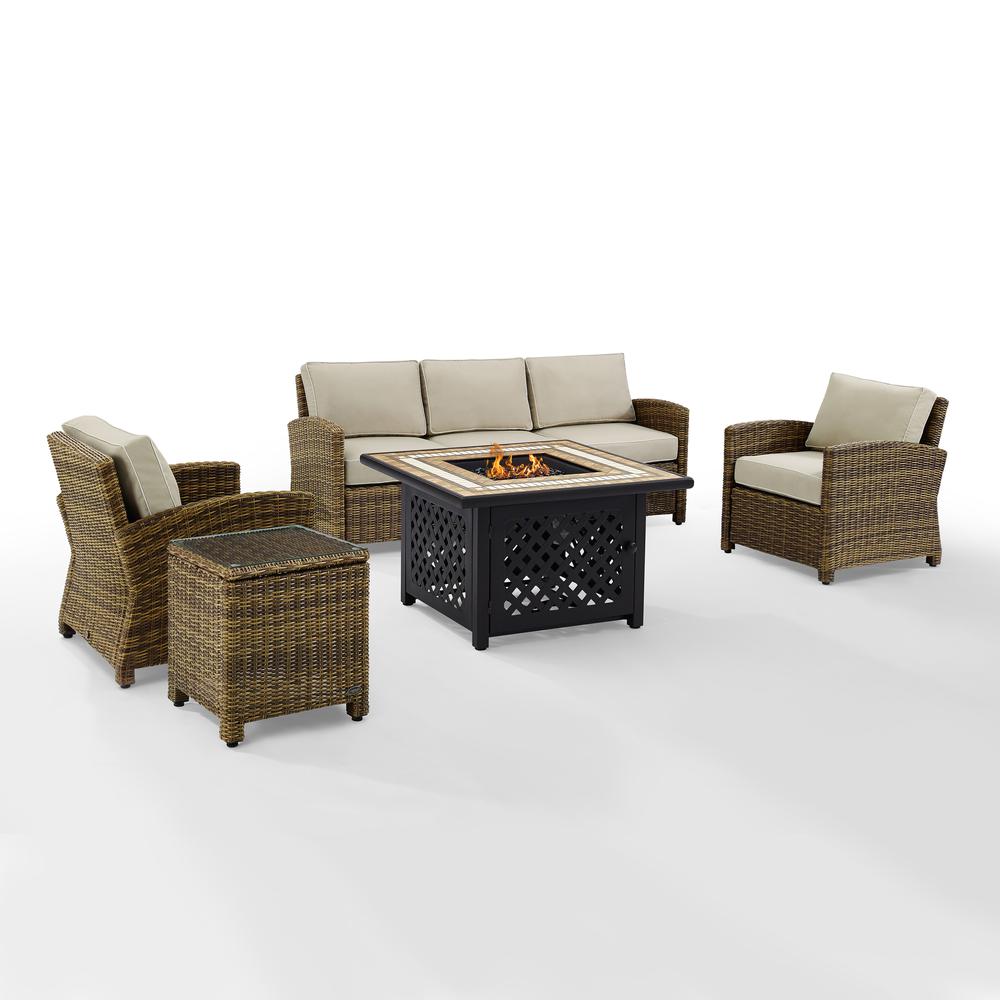 Bradenton 5Pc Outdoor Wicker Conversation Set W/Fire Table Weathered Brown/Sand - Sofa, 2 Arm Chairs, Side Table, Fire Table. Picture 8