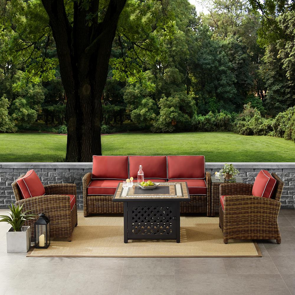 Bradenton 5Pc Outdoor Wicker Conversation Set W/Fire Table Weathered Brown/Sangria - Sofa, 2 Arm Chairs, Side Table, Fire Table. Picture 2