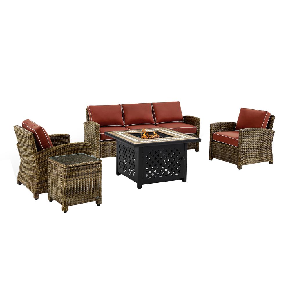 Bradenton 5Pc Outdoor Wicker Conversation Set W/Fire Table Weathered Brown/Sangria - Sofa, 2 Arm Chairs, Side Table, Fire Table. Picture 4