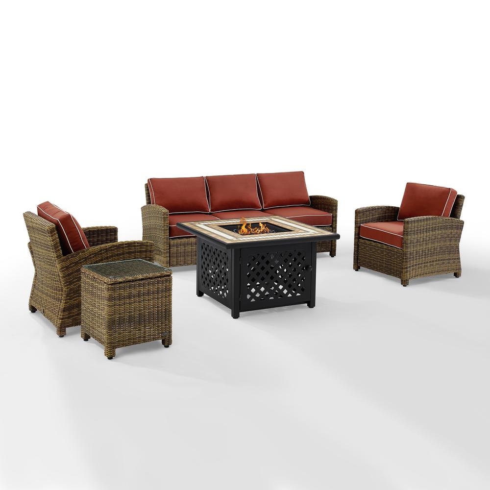 Bradenton 5Pc Outdoor Wicker Conversation Set W/Fire Table Weathered Brown/Sangria - Sofa, 2 Arm Chairs, Side Table, Fire Table. Picture 8