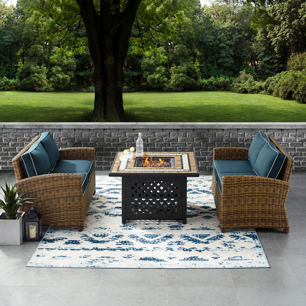 Bradenton 3Pc Outdoor Wicker Conversation Set W/Fire Table Navy/Weathered Brown - 2 Loveseats, Fire Table. The main picture.