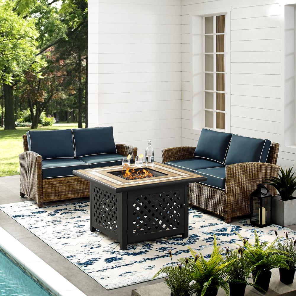 Bradenton 3Pc Outdoor Wicker Conversation Set W/Fire Table Navy/Weathered Brown - 2 Loveseats, Fire Table. Picture 3