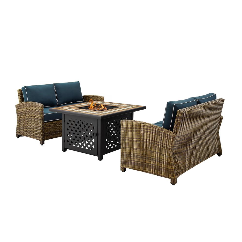 Bradenton 3Pc Outdoor Wicker Conversation Set W/Fire Table Navy/Weathered Brown - 2 Loveseats, Fire Table. Picture 4