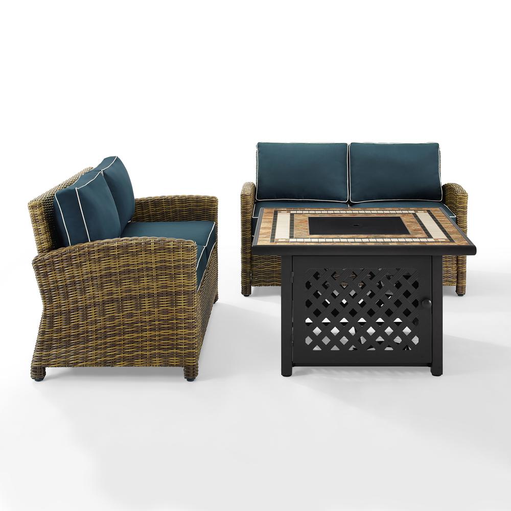 Bradenton 3Pc Outdoor Wicker Conversation Set W/Fire Table Navy/Weathered Brown - 2 Loveseats, Fire Table. Picture 7