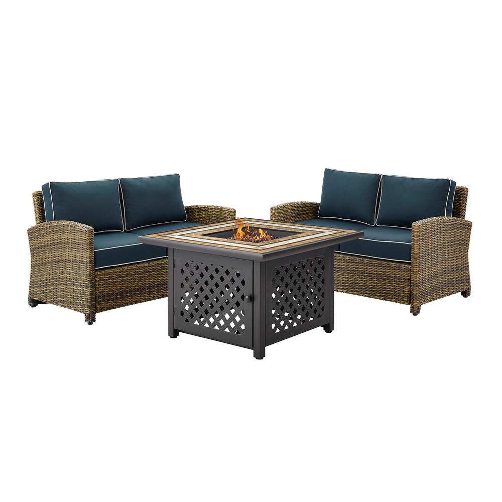 Bradenton 3Pc Outdoor Wicker Conversation Set W/Fire Table Navy/Weathered Brown - 2 Loveseats, Fire Table. Picture 9