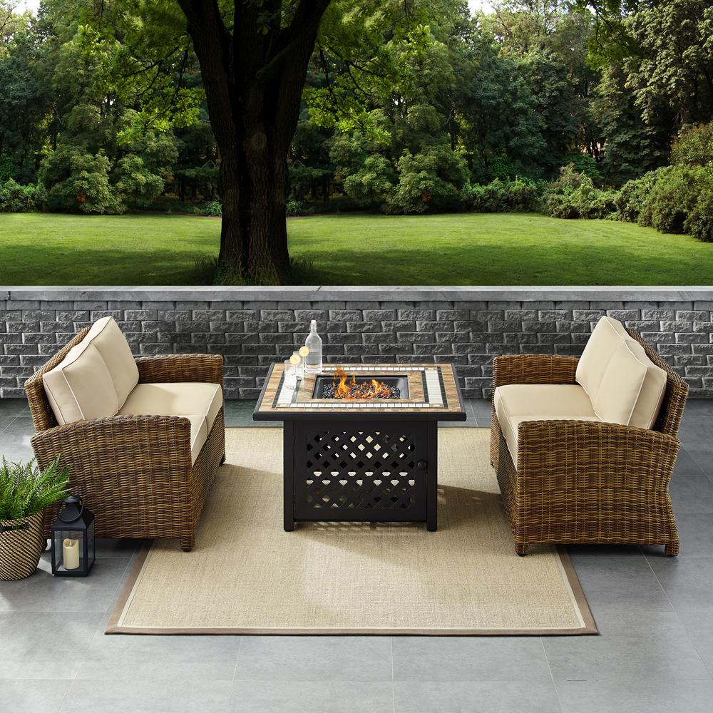 Bradenton 3Pc Outdoor Wicker Conversation Set W/Fire Table Sand/Weathered Brown - Tucson Fire Table & 2 Loveseats. Picture 1