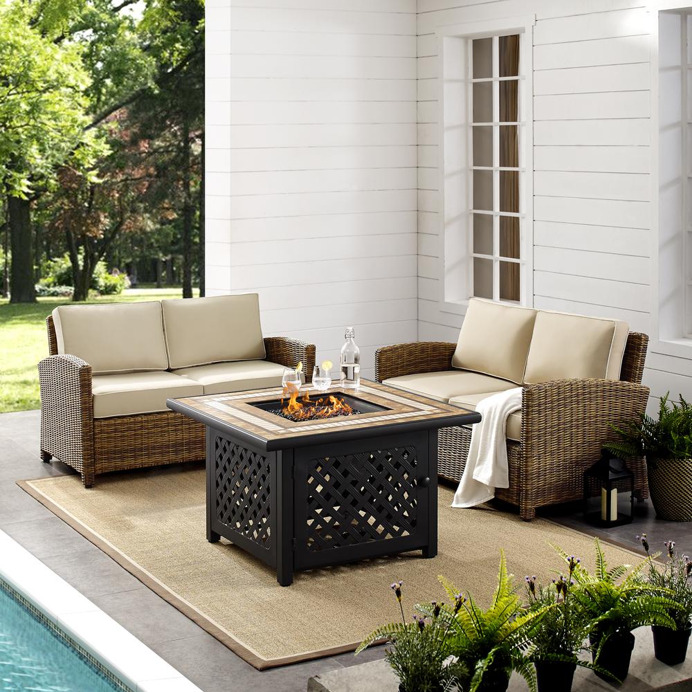 Bradenton 3Pc Outdoor Wicker Conversation Set W/Fire Table Sand/Weathered Brown - Tucson Fire Table & 2 Loveseats. Picture 3