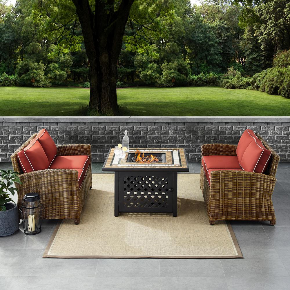 Bradenton 3Pc Outdoor Wicker Conversation Set W/Fire Table Sangria/Weathered Brown - 2 Loveseats, Fire Table. The main picture.