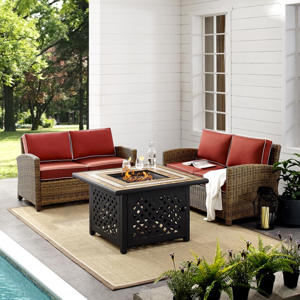 Bradenton 3Pc Outdoor Wicker Conversation Set W/Fire Table Sangria/Weathered Brown - 2 Loveseats, Fire Table. Picture 3