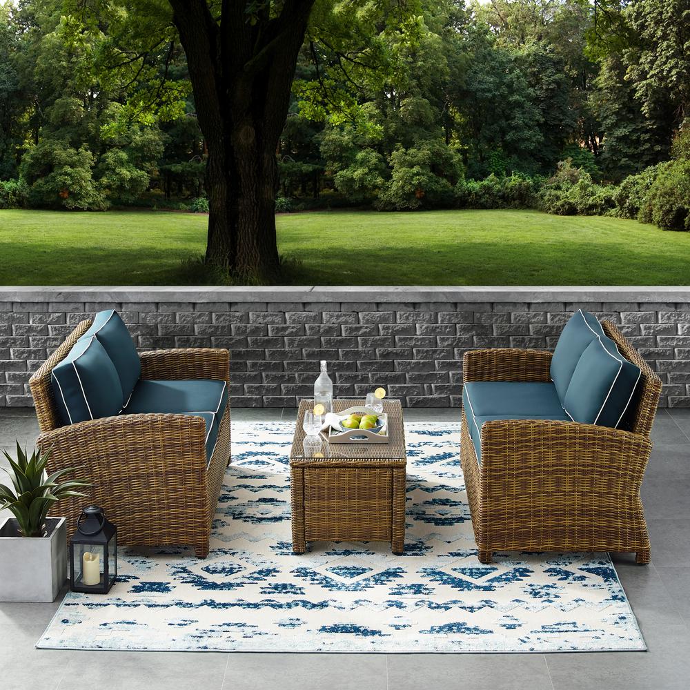 Bradenton 3Pc Outdoor Wicker Conversation Set Navy/Weathered Brown - 2 Loveseats & One Coffee Table. Picture 2