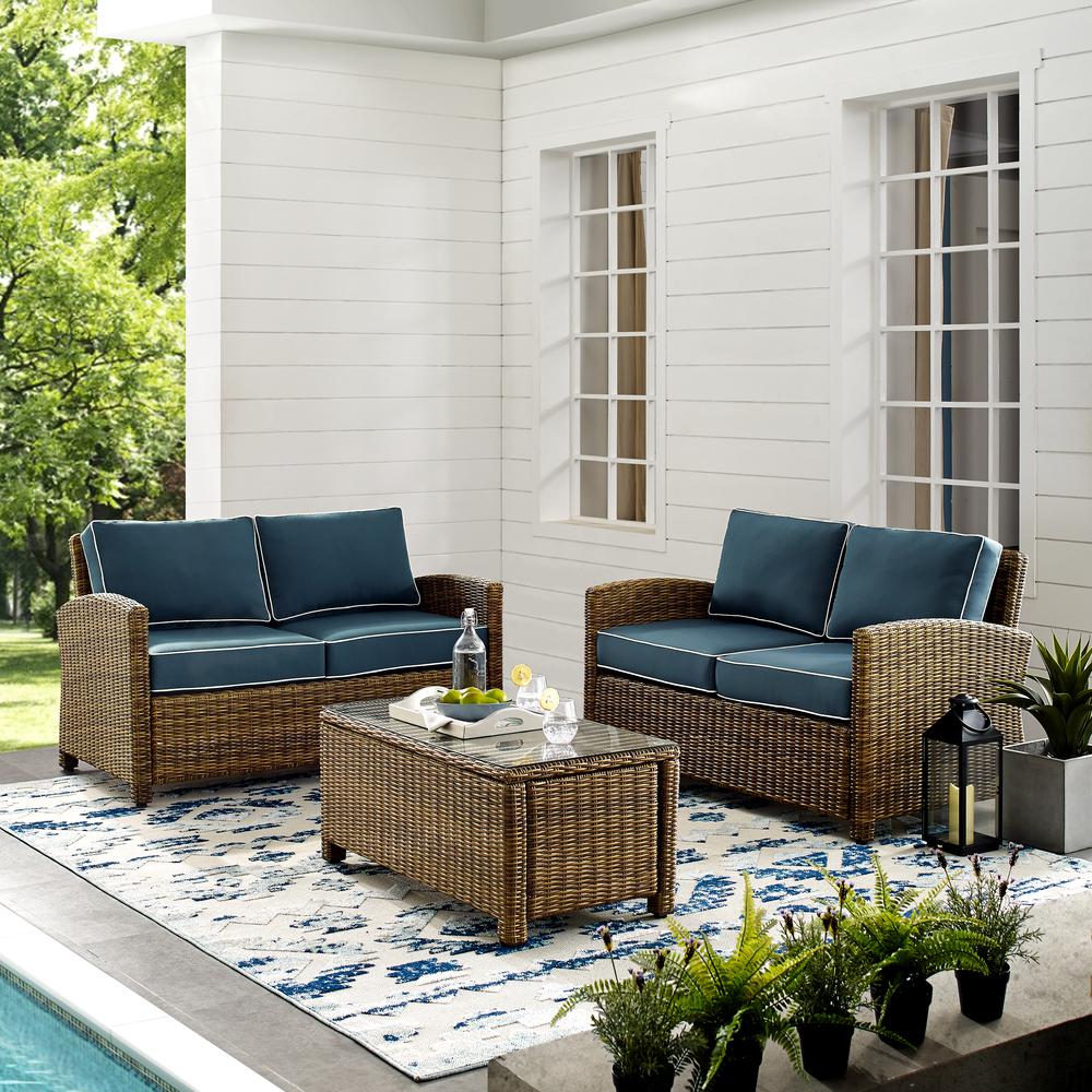 Bradenton 3Pc Outdoor Wicker Conversation Set Navy/Weathered Brown - 2 Loveseats & One Coffee Table. Picture 3