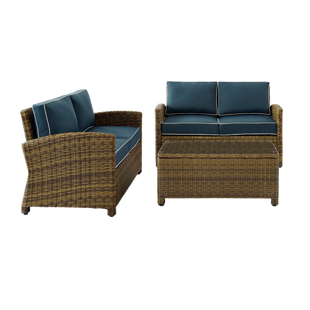 Bradenton 3Pc Outdoor Wicker Conversation Set Navy/Weathered Brown - 2 Loveseats & One Coffee Table. Picture 8