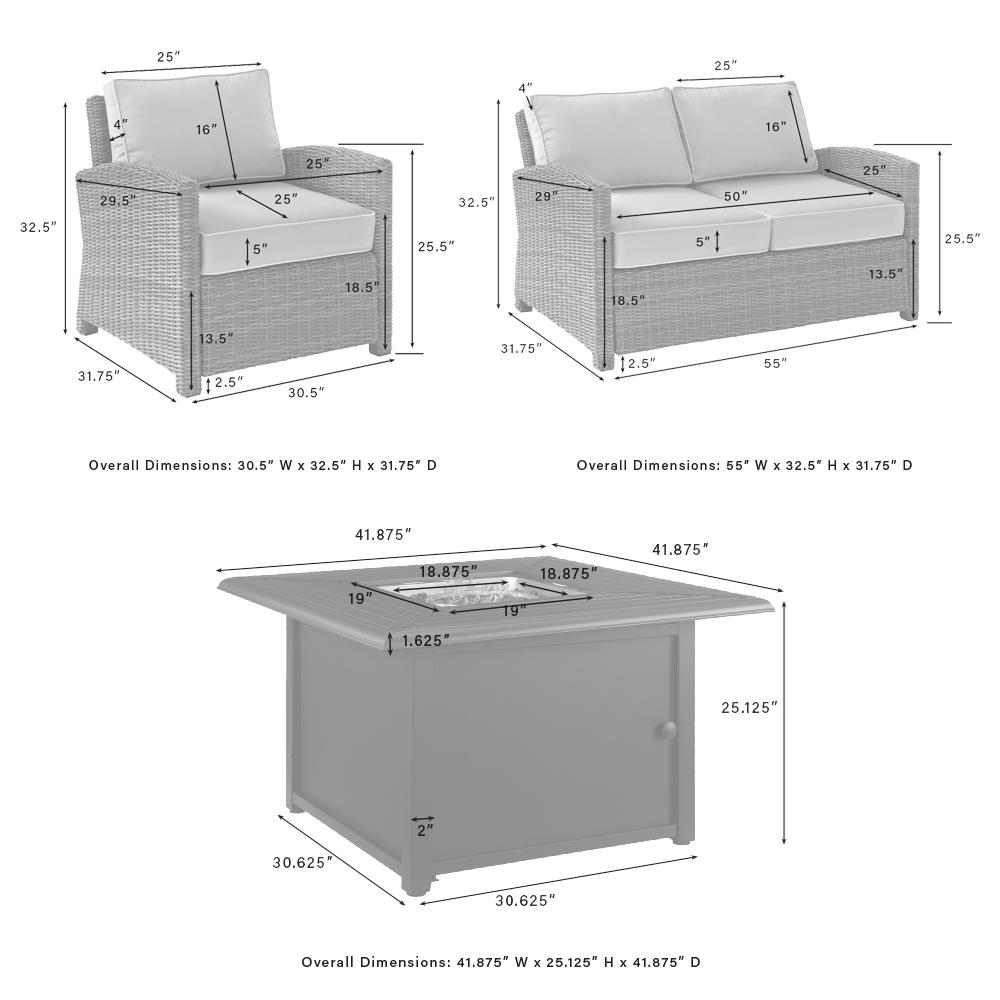 Bradenton 4Pc Outdoor Convo Set W/Fire Table - Sunbrella White/Gray - Loveseat, Dante Fire Table, & 2 Armchairs. Picture 16