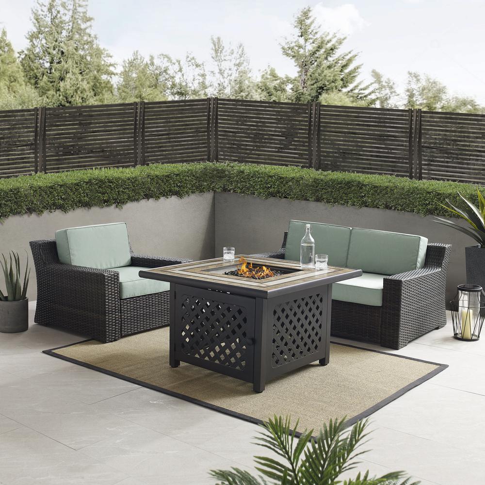 Beaufort 3Pc Outdoor Wicker Conversation Set W/Fire Table Mist/Brown - Tucson Fire Table, Loveseat, & Chair. Picture 1