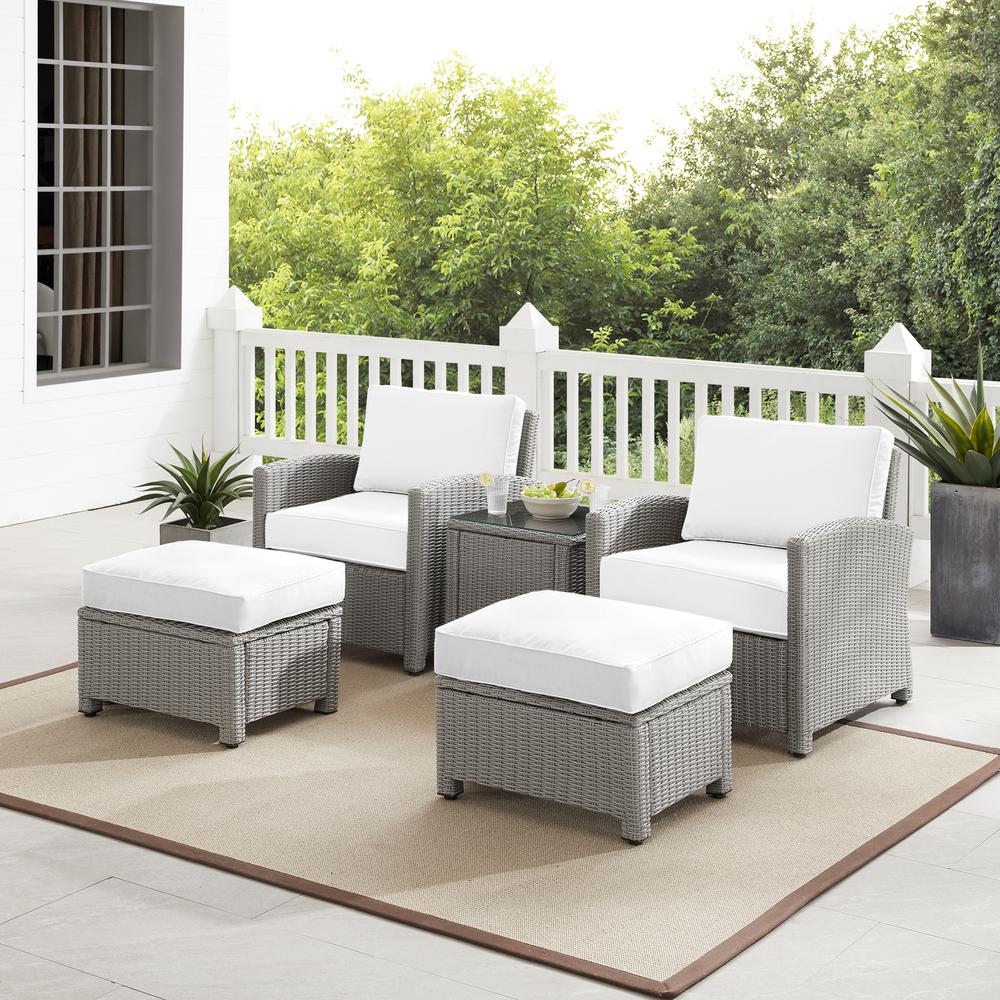Bradenton 5Pc Outdoor Armchair Set - Sunbrella White/Gray - Side Table, 2 Arm Chairs & 2 Ottomans. Picture 1