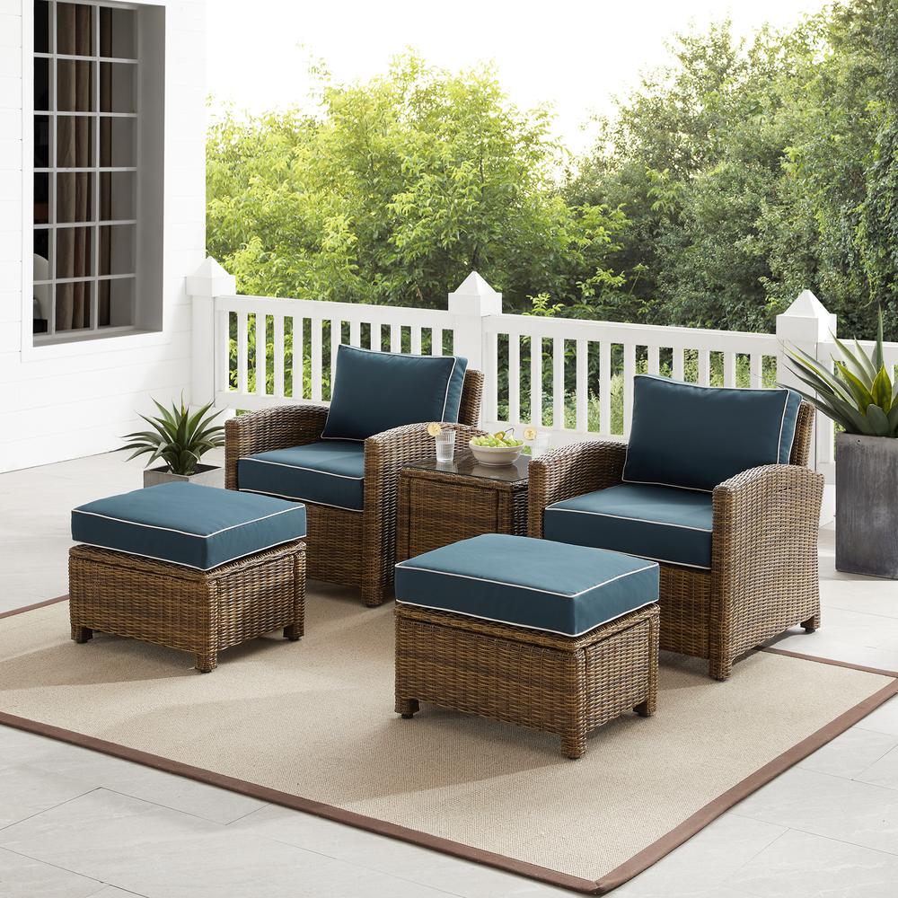 Bradenton 5Pc Outdoor Wicker Armchair Set Navy/ Weathered Brown - Side Table, 2 Arm Chairs & 2 Ottomans. Picture 12