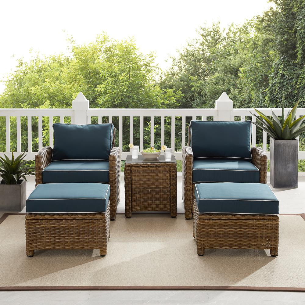Bradenton 5Pc Outdoor Wicker Armchair Set Navy/ Weathered Brown - Side Table, 2 Arm Chairs & 2 Ottomans. Picture 6