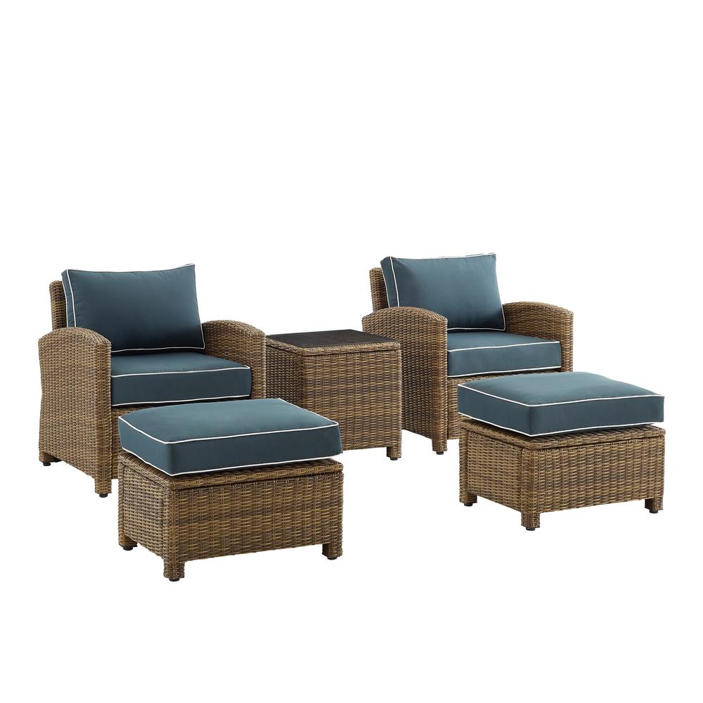 Bradenton 5Pc Outdoor Wicker Armchair Set Navy/ Weathered Brown - Side Table, 2 Arm Chairs & 2 Ottomans. Picture 15