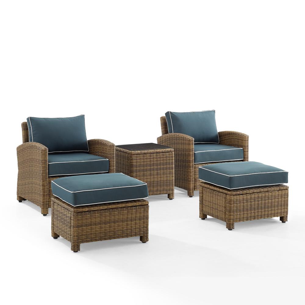 Bradenton 5Pc Outdoor Wicker Armchair Set Navy/ Weathered Brown - Side Table, 2 Arm Chairs & 2 Ottomans. Picture 5