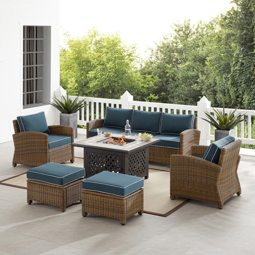 Bradenton 6Pc Outdoor Wicker Sofa Set W/Fire Table Navy/Weathered Brown - Tucson Fire Table, Sofa, 2 Armchairs & 2 Ottomans. Picture 9