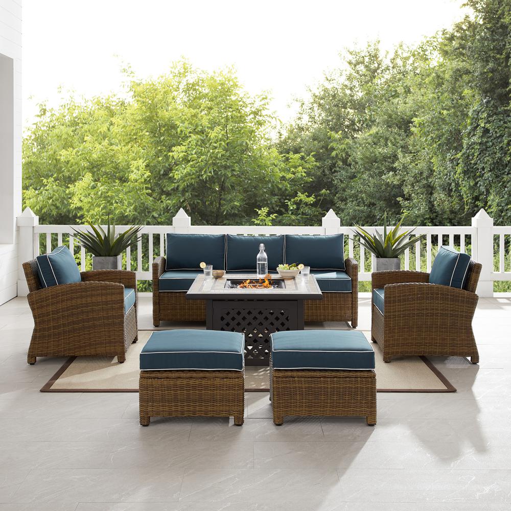 Bradenton 6Pc Outdoor Wicker Sofa Set W/Fire Table Navy/Weathered Brown - Tucson Fire Table, Sofa, 2 Armchairs & 2 Ottomans. Picture 8
