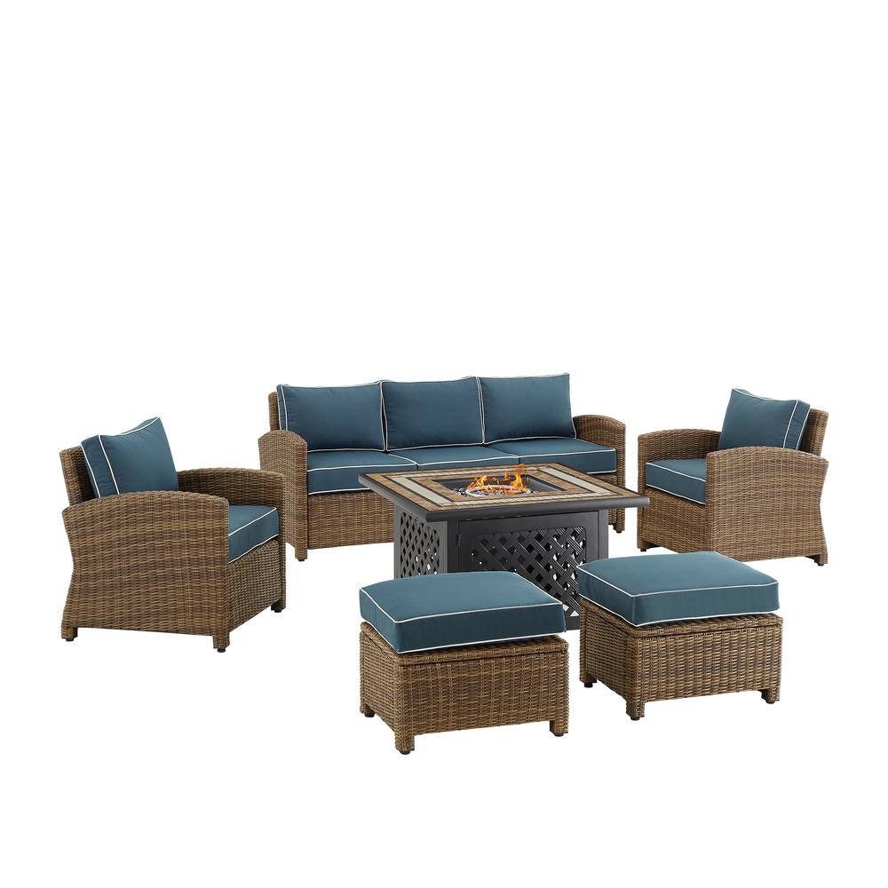 Bradenton 6Pc Outdoor Wicker Sofa Set W/Fire Table Navy/Weathered Brown - Tucson Fire Table, Sofa, 2 Armchairs & 2 Ottomans. Picture 22