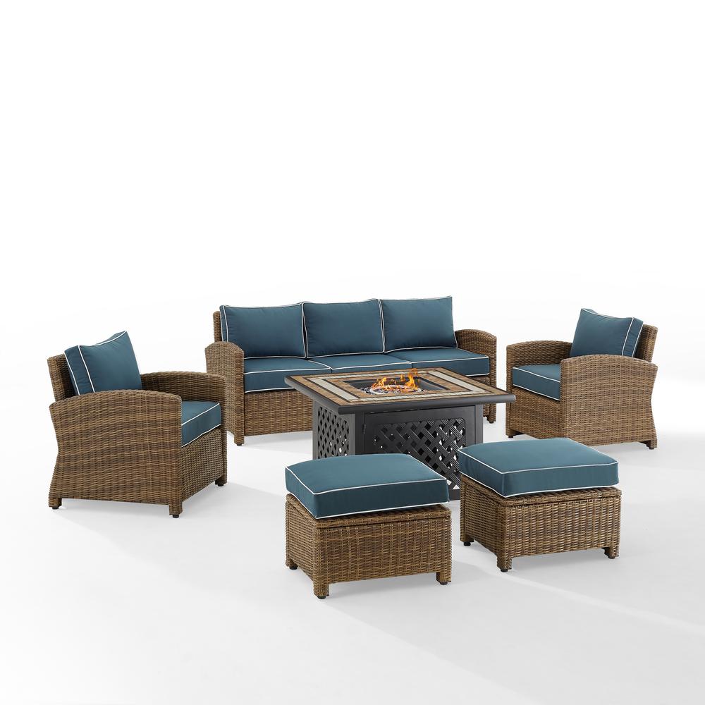 Bradenton 6Pc Outdoor Wicker Sofa Set W/Fire Table Navy/Weathered Brown - Tucson Fire Table, Sofa, 2 Armchairs & 2 Ottomans. Picture 5