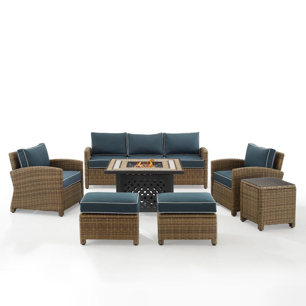 Bradenton 6Pc Outdoor Wicker Sofa Set W/Fire Table Navy/Weathered Brown - Tucson Fire Table, Sofa, 2 Armchairs & 2 Ottomans. Picture 11