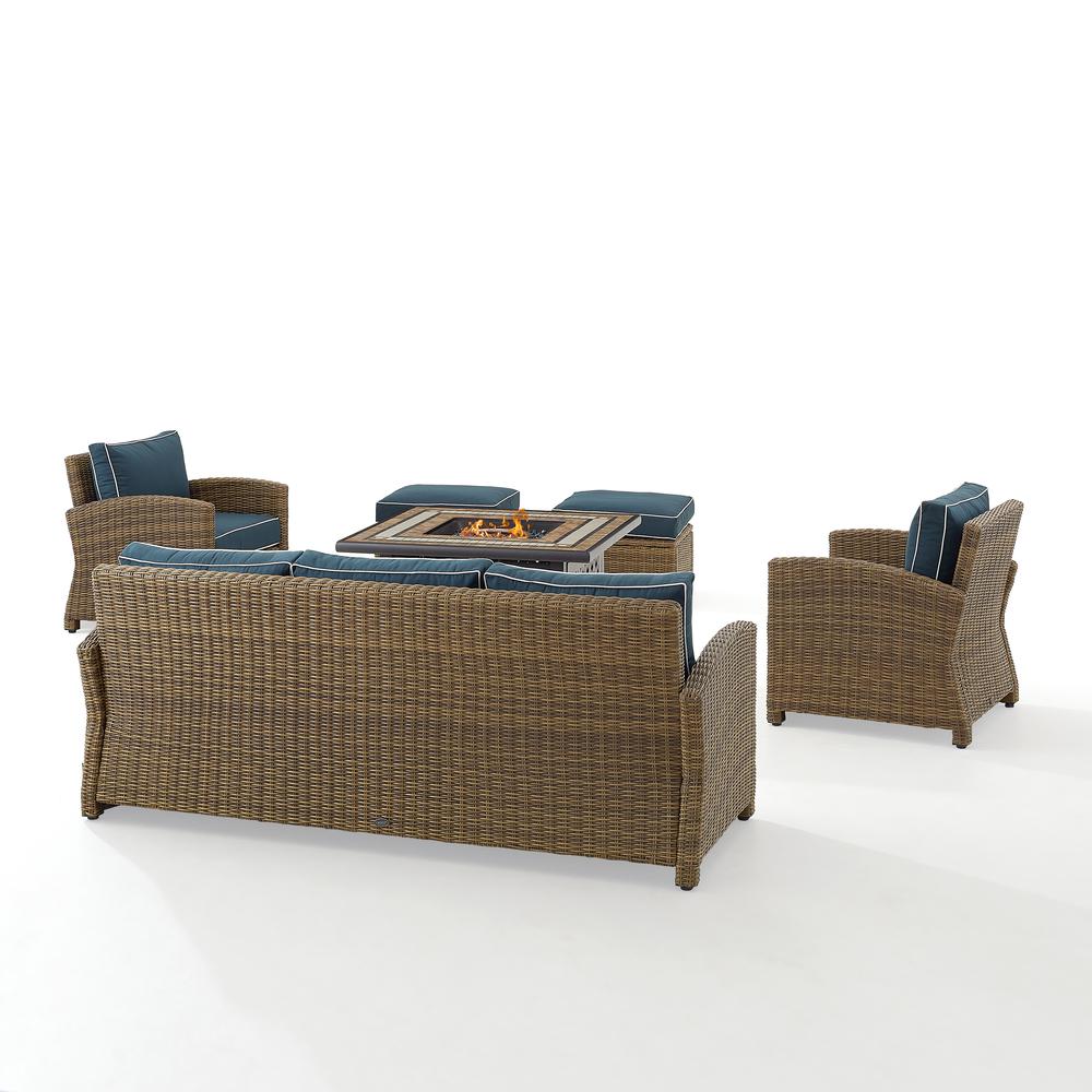 Bradenton 6Pc Outdoor Wicker Sofa Set W/Fire Table Navy/Weathered Brown - Tucson Fire Table, Sofa, 2 Armchairs & 2 Ottomans. Picture 3