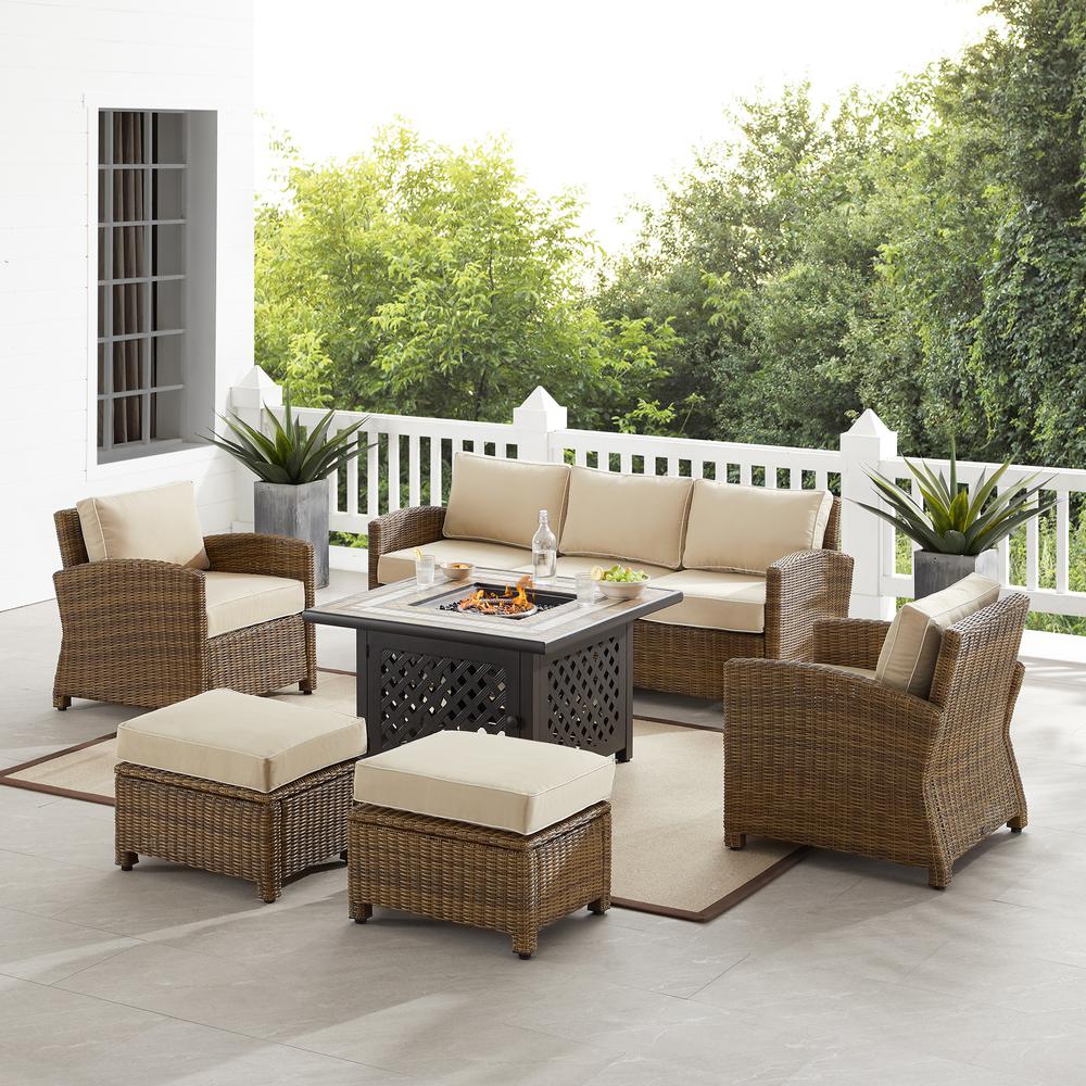 Bradenton 6Pc Outdoor Wicker Sofa Set W/Fire Table Sand/Weathered Brown - Tucson Fire Table, Sofa, 2 Armchairs & 2 Ottomans. Picture 1