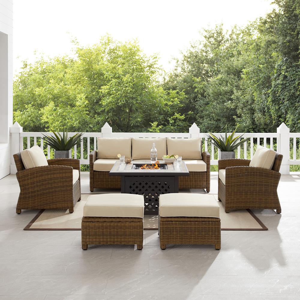 Bradenton 6Pc Outdoor Wicker Sofa Set W/Fire Table Sand/Weathered Brown - Tucson Fire Table, Sofa, 2 Armchairs & 2 Ottomans. Picture 6