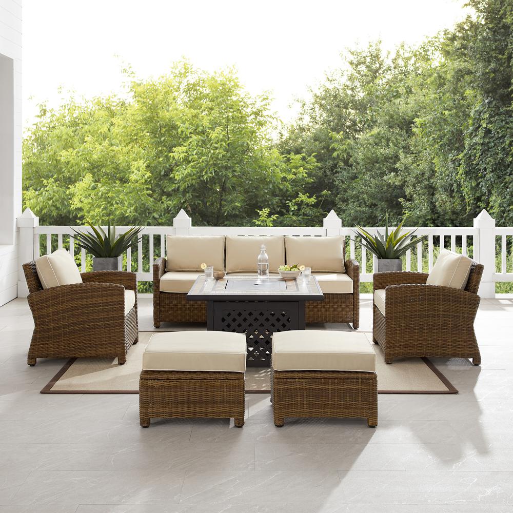 Bradenton 6Pc Outdoor Wicker Sofa Set W/Fire Table Sand/Weathered Brown - Tucson Fire Table, Sofa, 2 Armchairs & 2 Ottomans. Picture 5