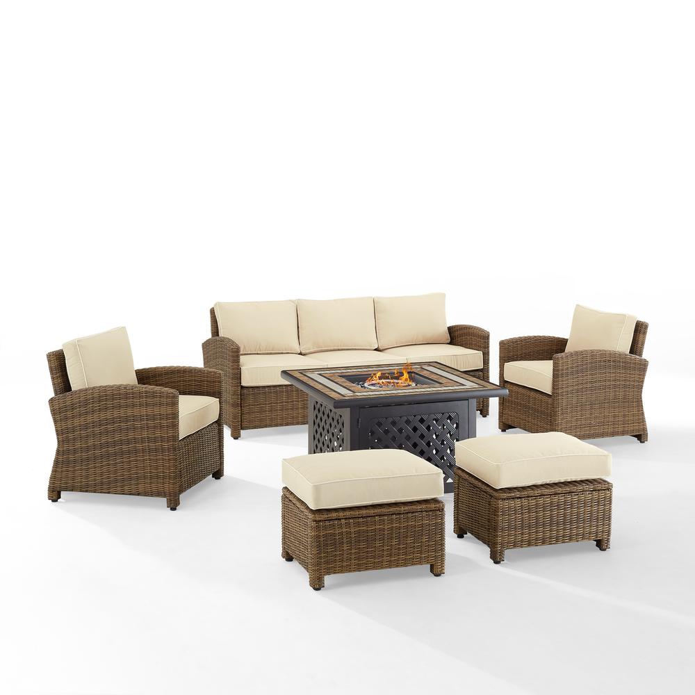 Bradenton 6Pc Outdoor Wicker Sofa Set W/Fire Table Sand/Weathered Brown - Tucson Fire Table, Sofa, 2 Armchairs & 2 Ottomans. Picture 3