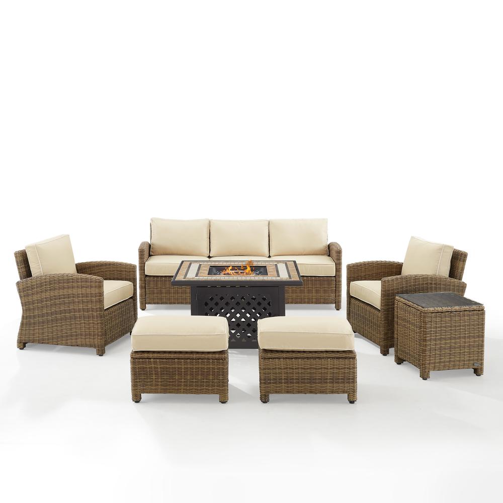 Bradenton 6Pc Outdoor Wicker Sofa Set W/Fire Table Sand/Weathered Brown - Tucson Fire Table, Sofa, 2 Armchairs & 2 Ottomans. Picture 10