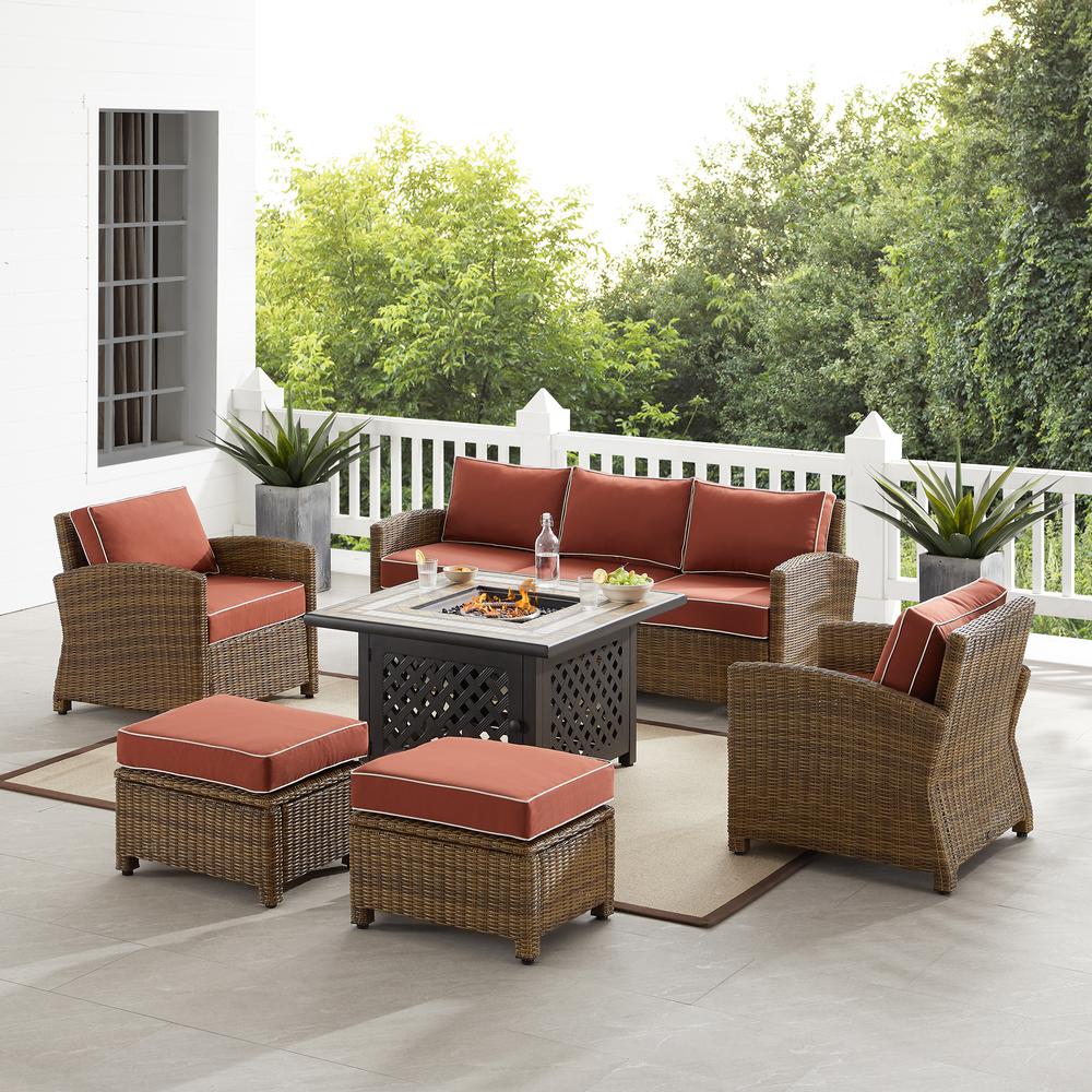 Bradenton 6Pc Outdoor Wicker Sofa Set W/Fire Table Sangria/Weathered Brown - Tucson Fire Table, Sofa, 2 Armchairs & 2 Ottomans. Picture 1