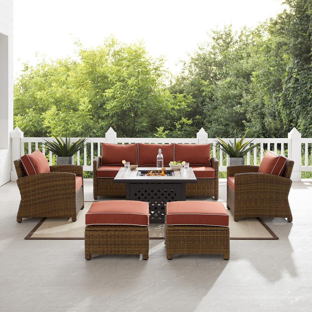 Bradenton 6Pc Outdoor Wicker Sofa Set W/Fire Table Sangria/Weathered Brown - Tucson Fire Table, Sofa, 2 Armchairs & 2 Ottomans. Picture 21