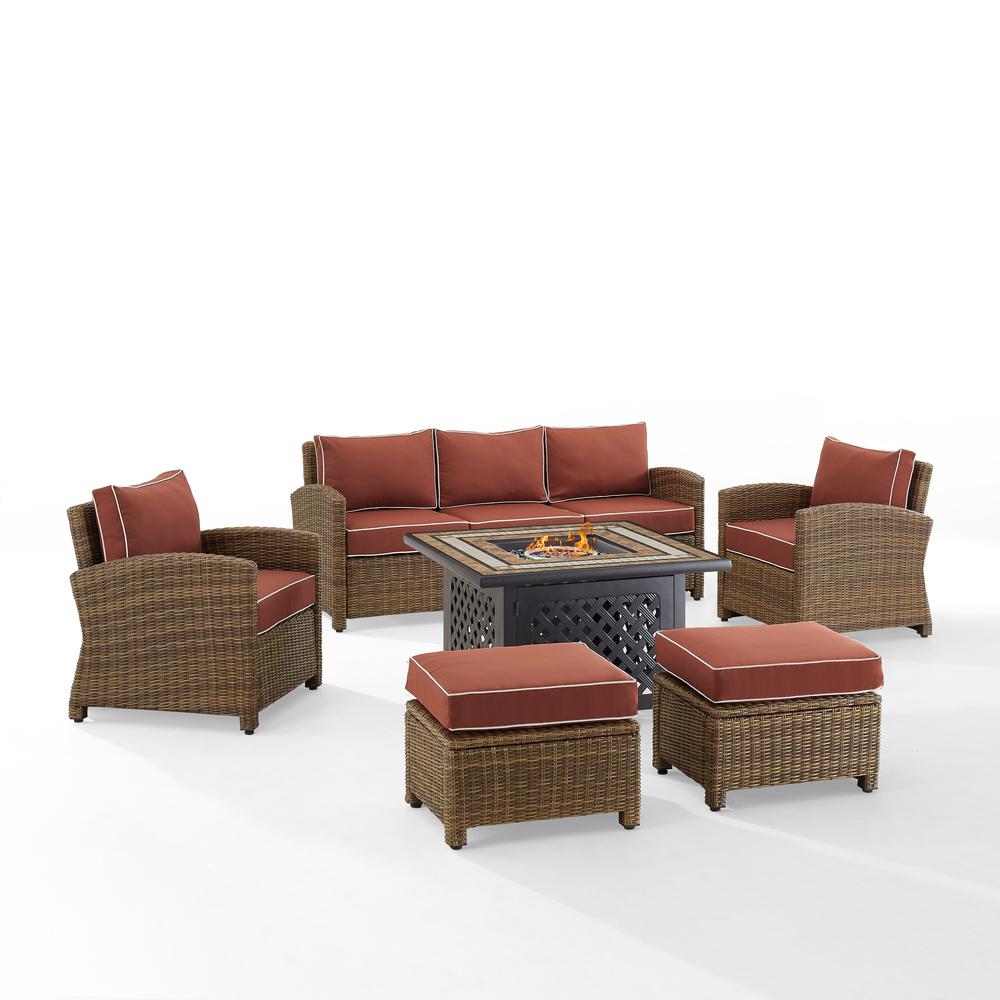 Bradenton 6Pc Outdoor Wicker Sofa Set W/Fire Table Sangria/Weathered Brown - Tucson Fire Table, Sofa, 2 Armchairs & 2 Ottomans. Picture 17