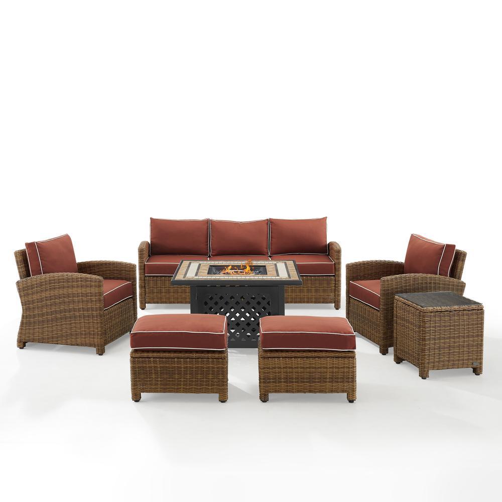 Bradenton 6Pc Outdoor Wicker Sofa Set W/Fire Table Sangria/Weathered Brown - Tucson Fire Table, Sofa, 2 Armchairs & 2 Ottomans. Picture 7