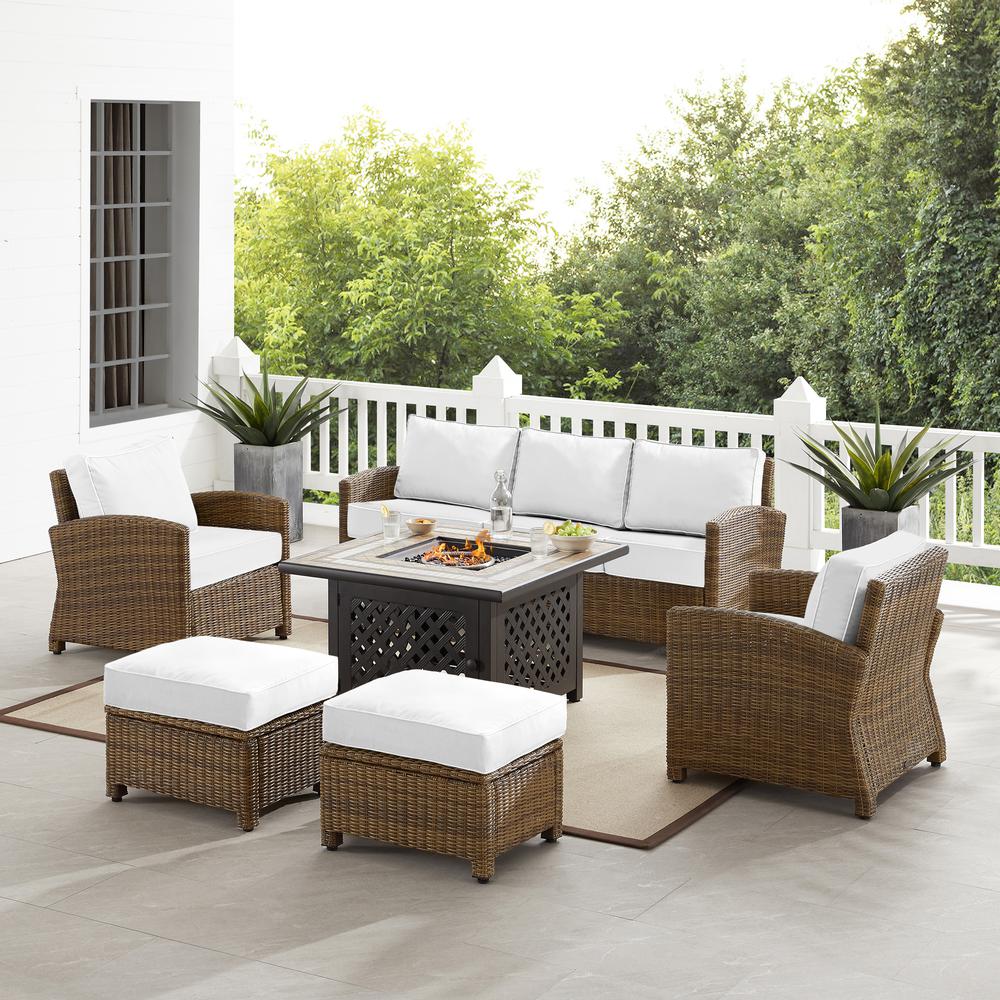Bradenton 6Pc Outdoor Sofa Set W/Fire Table - Sunbrella White/Weathered Brown - Tucson Fire Table, Sofa, 2 Armchairs & 2 Ottomans. Picture 1