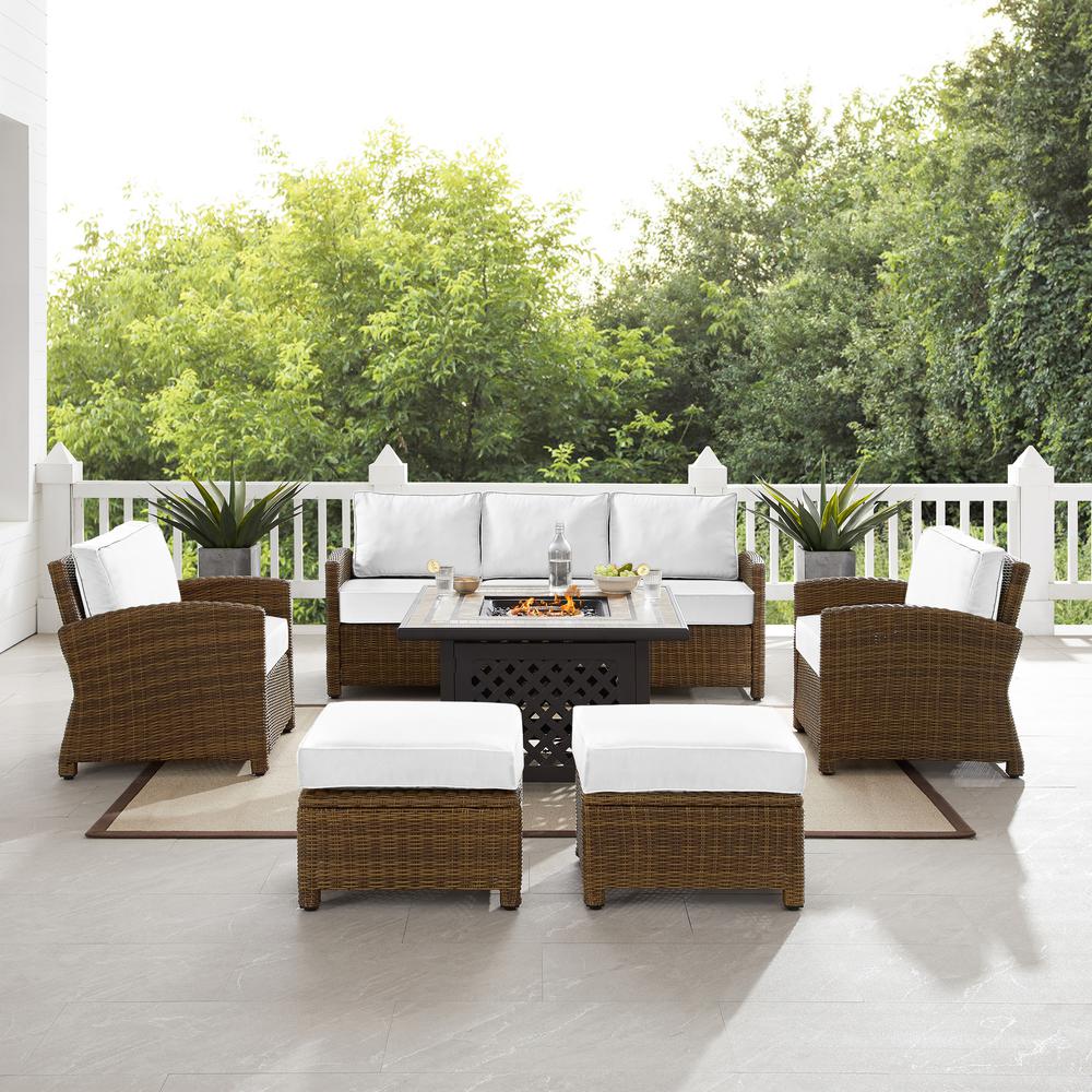 Bradenton 6Pc Outdoor Sofa Set W/Fire Table - Sunbrella White/Weathered Brown - Tucson Fire Table, Sofa, 2 Armchairs & 2 Ottomans. Picture 2